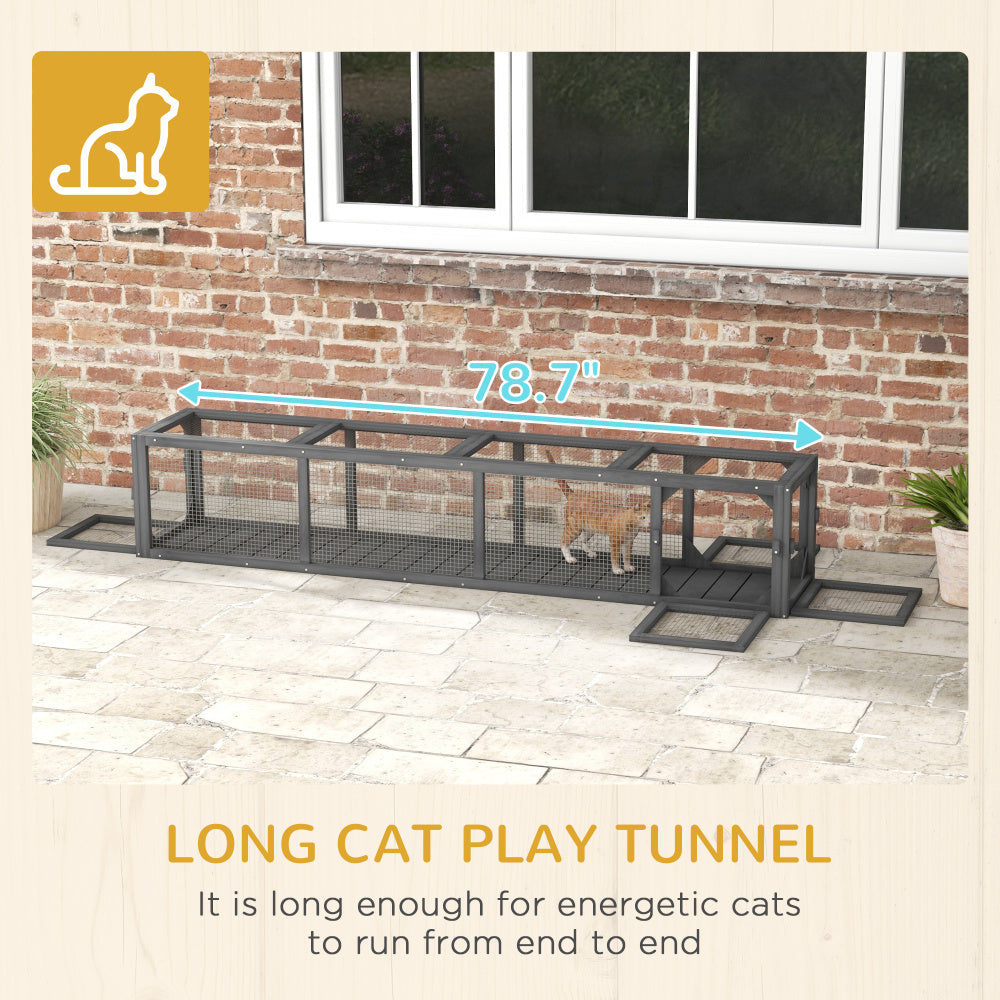 PawHut Outdoor Cat Tunnel with Extendable Design, 79" L Wooden Cat Run with Weather Protection, Connecting Inside and Outside, for Deck Patios, Balconies, Dark Gray