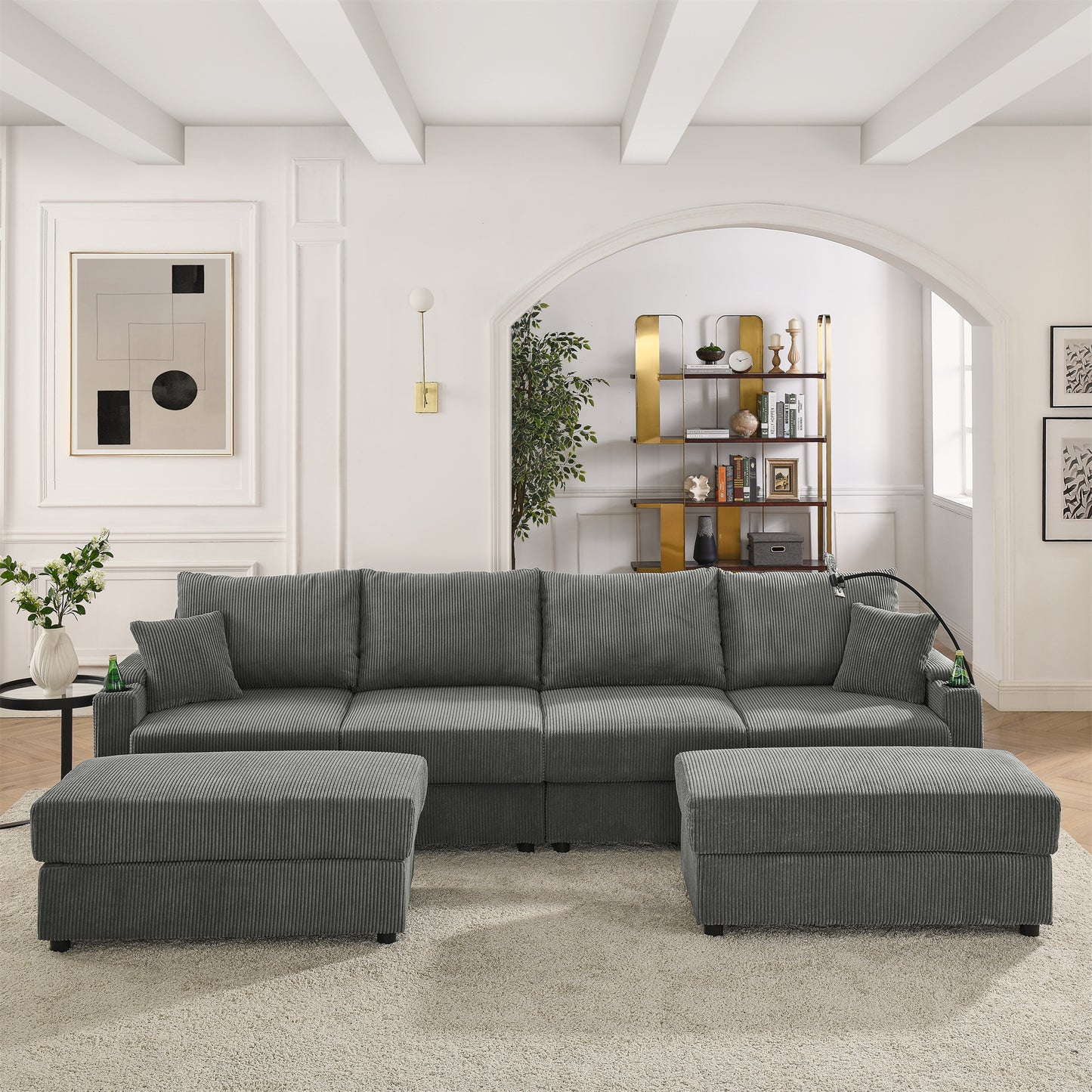 U-Shaped Couch  Modern 4 seats Sofa Chair with Storage, with 2 Ottomans, Deep Seat Sofa with Cup Holders & Phone Holder , Grey Corduroy Couch for Living Room
