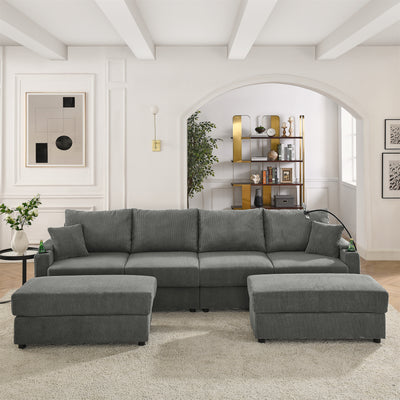 U-Shaped Couch  Modern 4 seats Sofa Chair with Storage, with 2 Ottomans, Deep Seat Sofa with Cup Holders & Phone Holder , Grey Corduroy Couch for Living Room