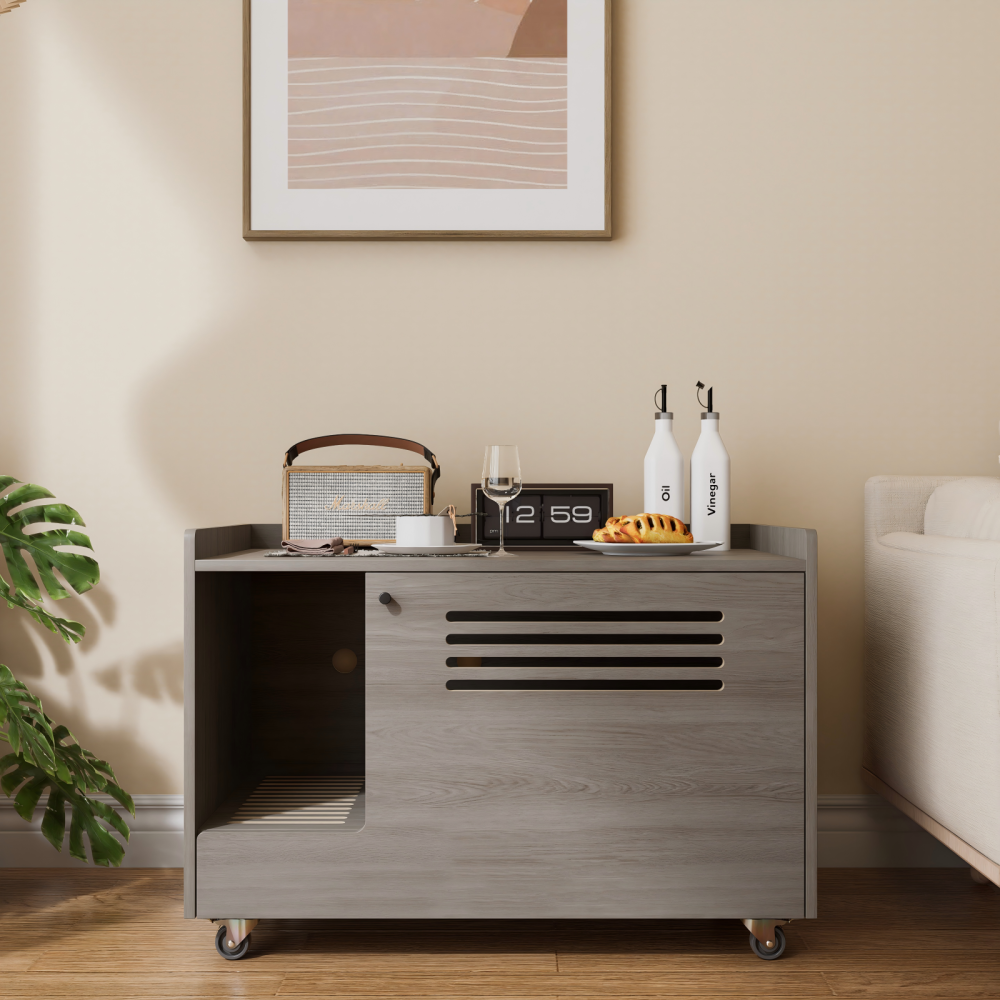 Gray Cat Litter Box Enclosure,Hidden Litter Box Furniture with top side fence,Wooden Pet House Side End Table, Storage Cabinet Bench for Living Room,,Bedroom, Fit Most of Litter Box