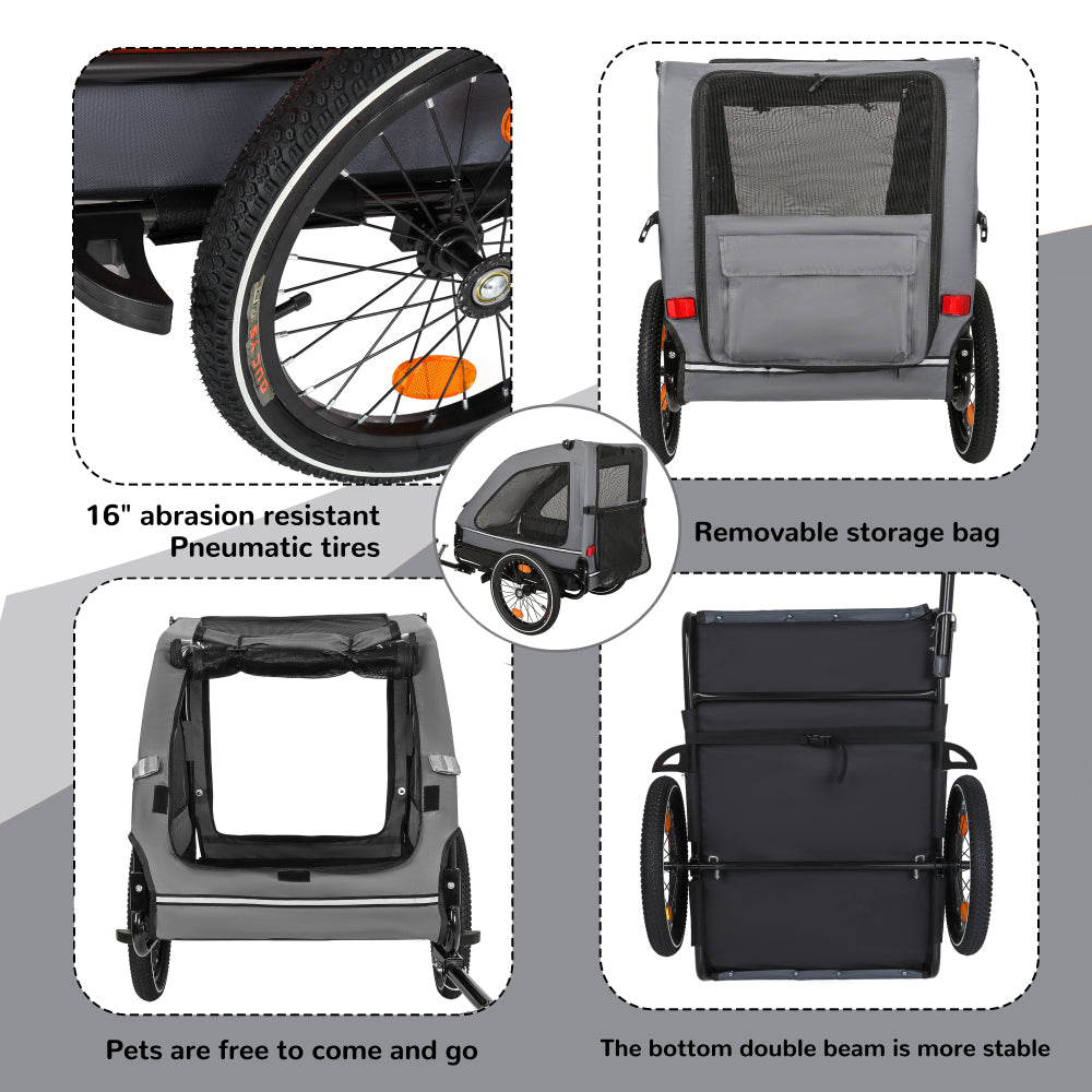 Pet Bike Trailer Dog Cart for Bicycle,Suitable for Small and Medium Pets, Easy Folding Cart Frame, Quick Release Wheel, Non-Slip Floor, Internal Leash, Black+Grey