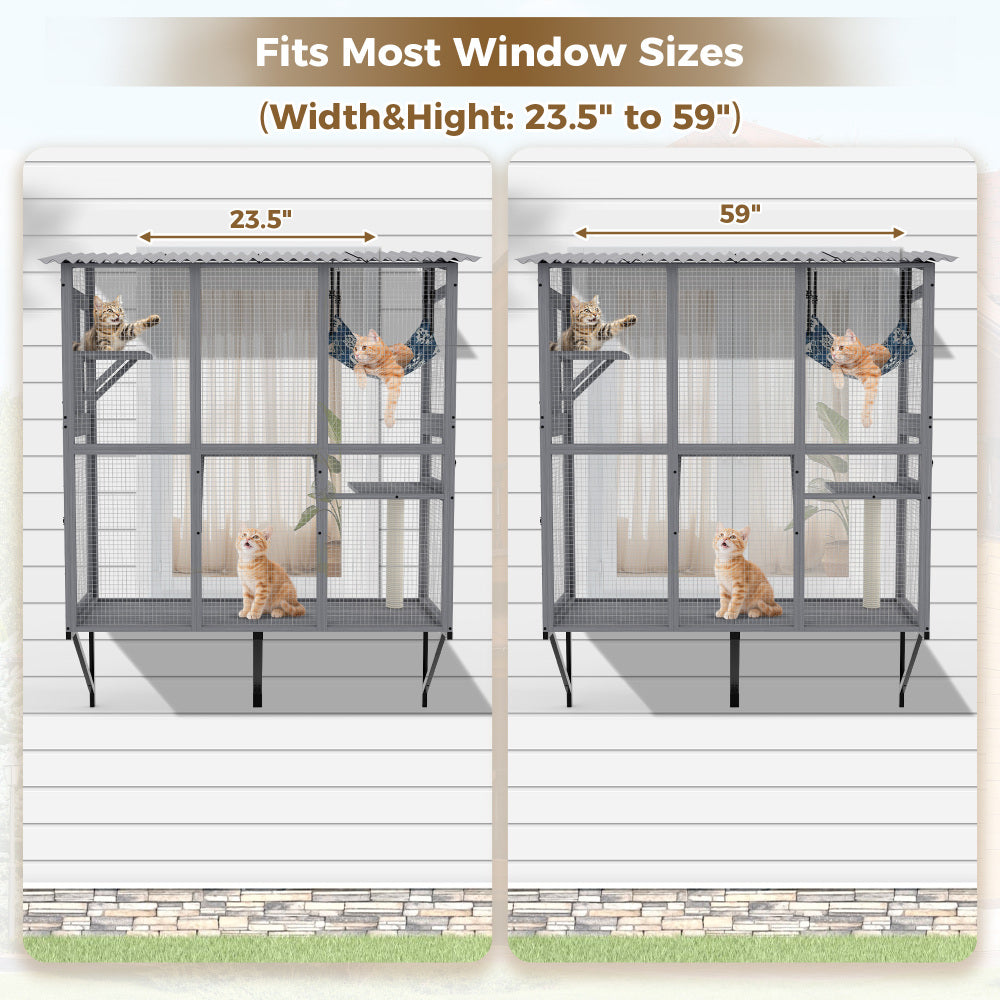 Large Cat Catio – Expandable Window Box Enclosure for Multiple Indoor Cats, Cat Perch House with 3 platforms,1 hammock and 3 doors, All-Weather Use