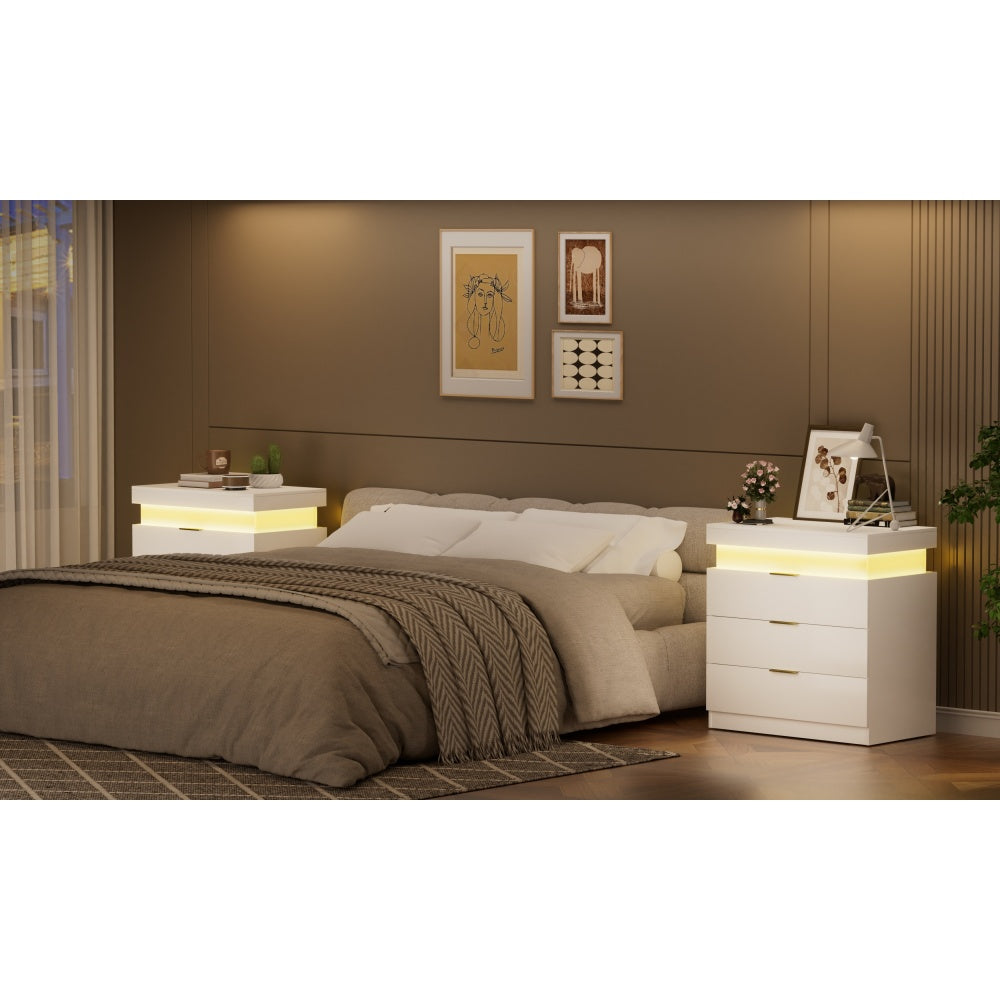 SunJet Nightstand with Charging Station and LED Lights,Night Stand with Sliding Top for Bedroom,Bedside Table with Drawers,Modern End Side Table,White.28.8''W x 17''D x 30.5''H.
