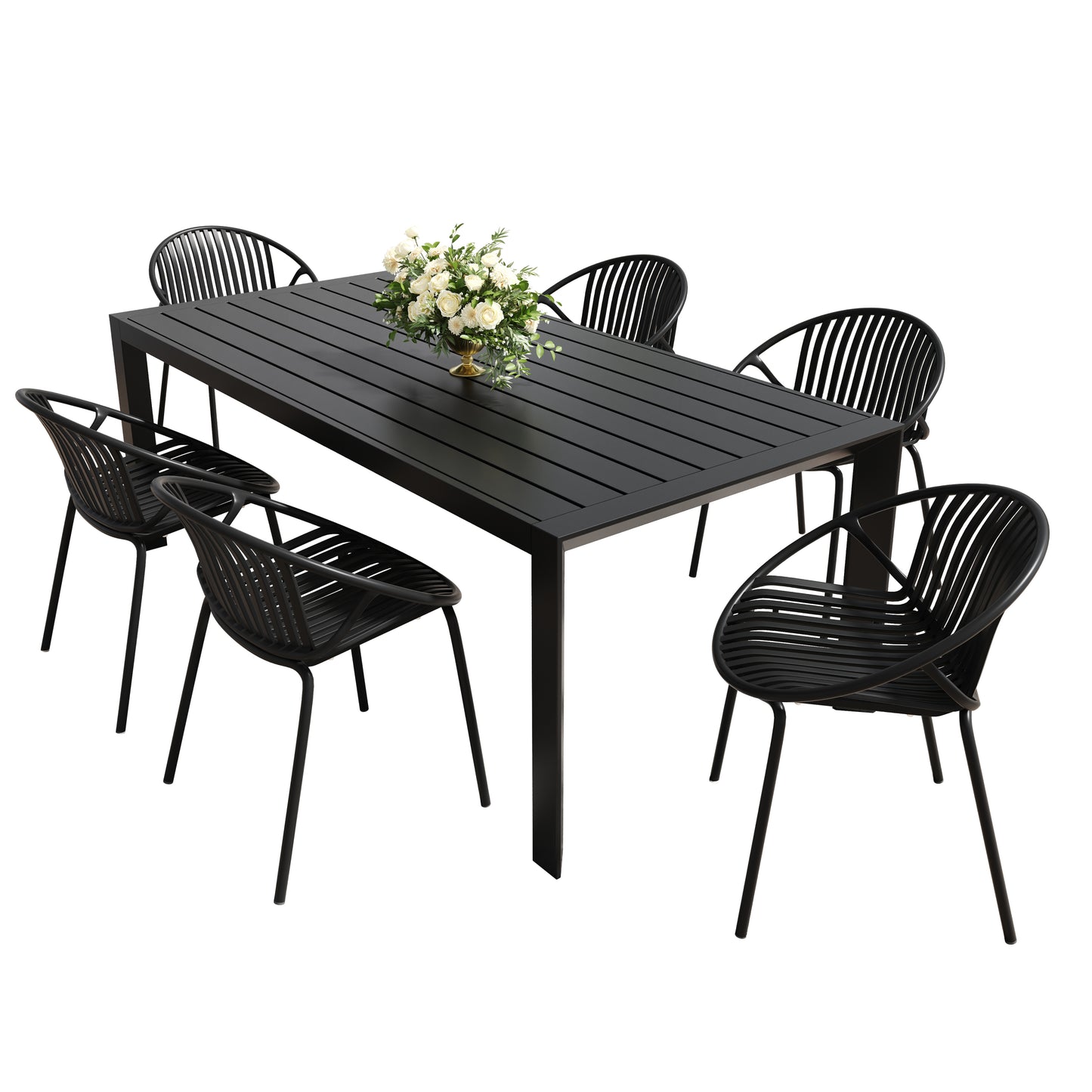 Modern Metal and Polypropylene 7-Piece Outdoor Dining Set with Stackable Chairs, Black