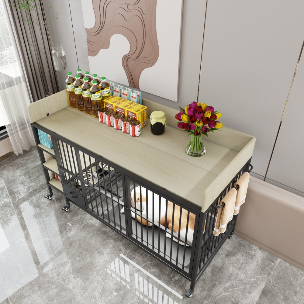 Large pet cage with storage rack, drawers with stainless steel food and water basin, made of iron frame and MDF material, sturdy, exquisite, and practical (black+beige)