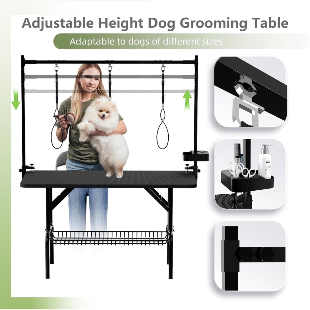47''Large Dog Grooming Table, Foldable Pet Station at Home, Dog Grooming Table,Adjustable Cat Drying Desktop with Arms, Nooses, Mesh Tray (47Inch Pet Grooming Table Black)