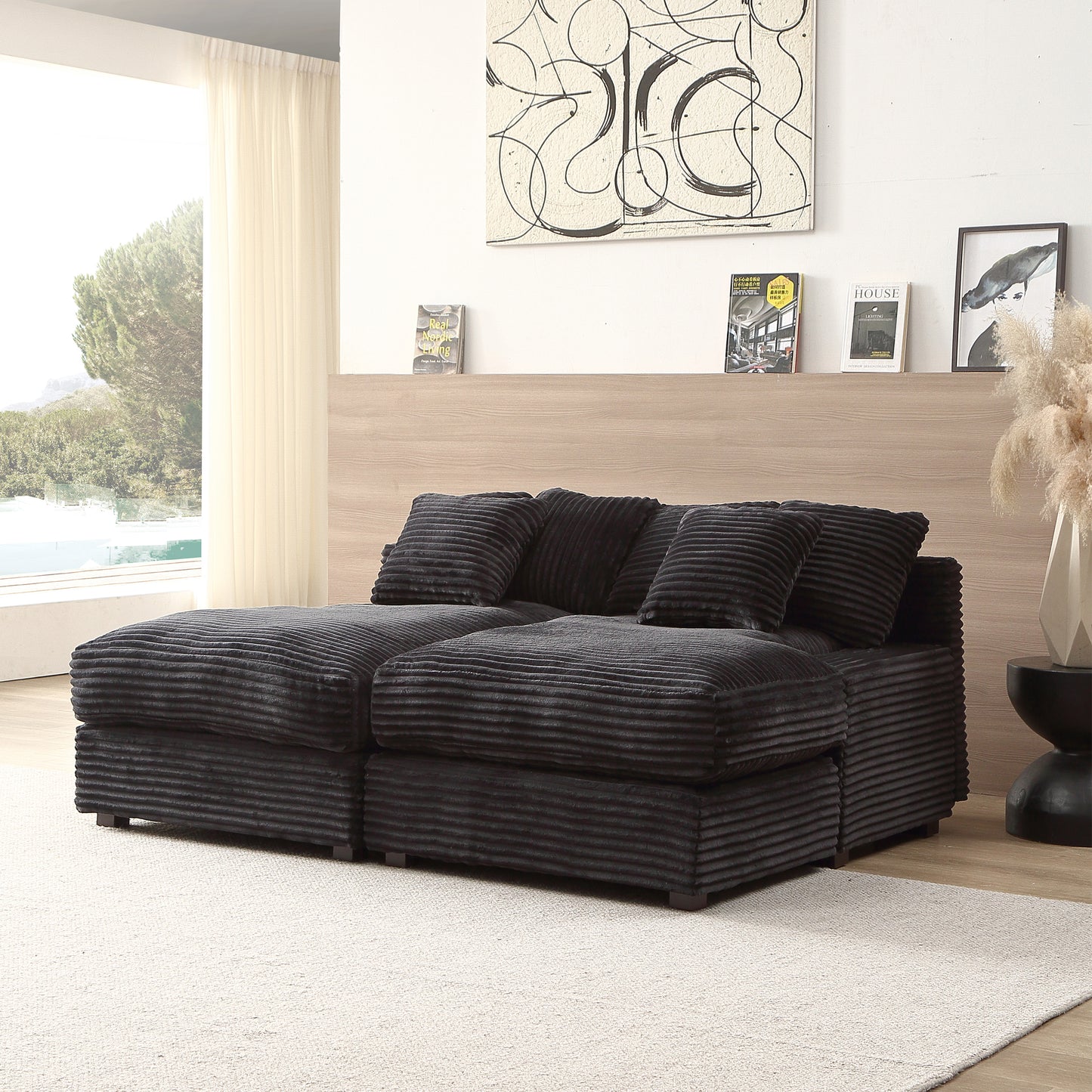 74.8'  Modern Luxury Twins Sofa Couch for Living Room Quality Corduroy Upholstery Sleeper Sofa Bed Daybed Black