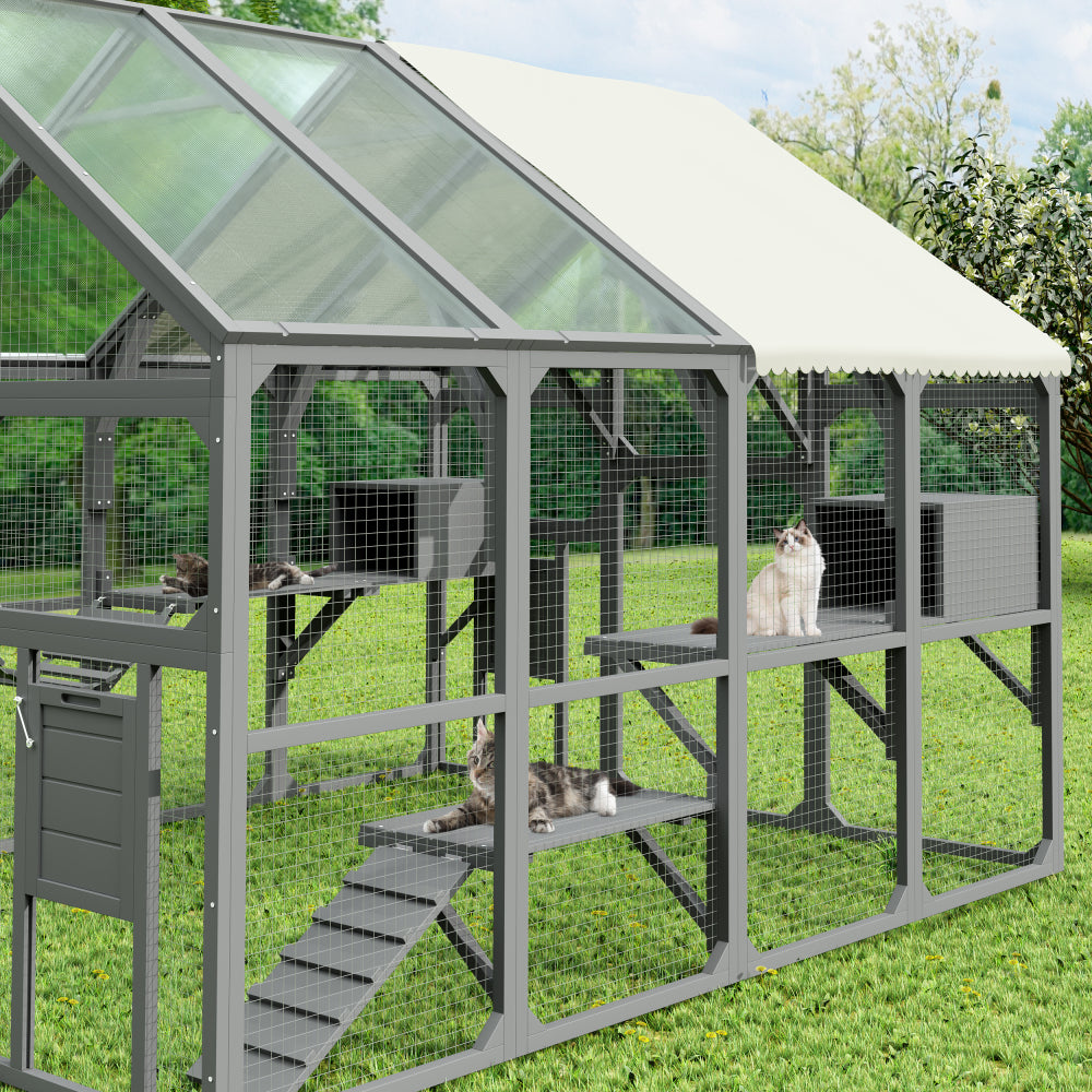 Large Catio Outdoor Cat Enclosure for Multiple Kittens, Wooden Cat House with 7 Platforms, 2 Resting Boxes, 1 Bridge and 1 Ramp, Walk in Kitty Cage Kennel with Sunshine Board Roof, Gray