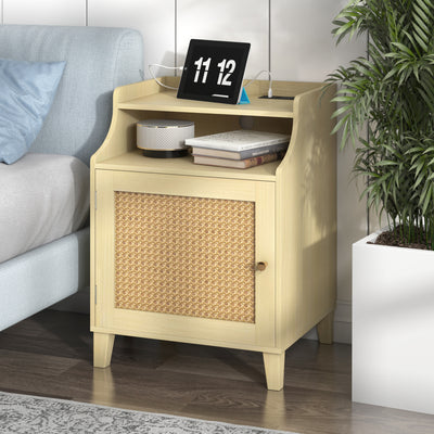 SunJet Farmhouse Nightstand with Charging Station Bedside Table with Rattan Door&Adjustable Shelf, Wood Couch Side Table End Table for Bedroom, Natural Oak