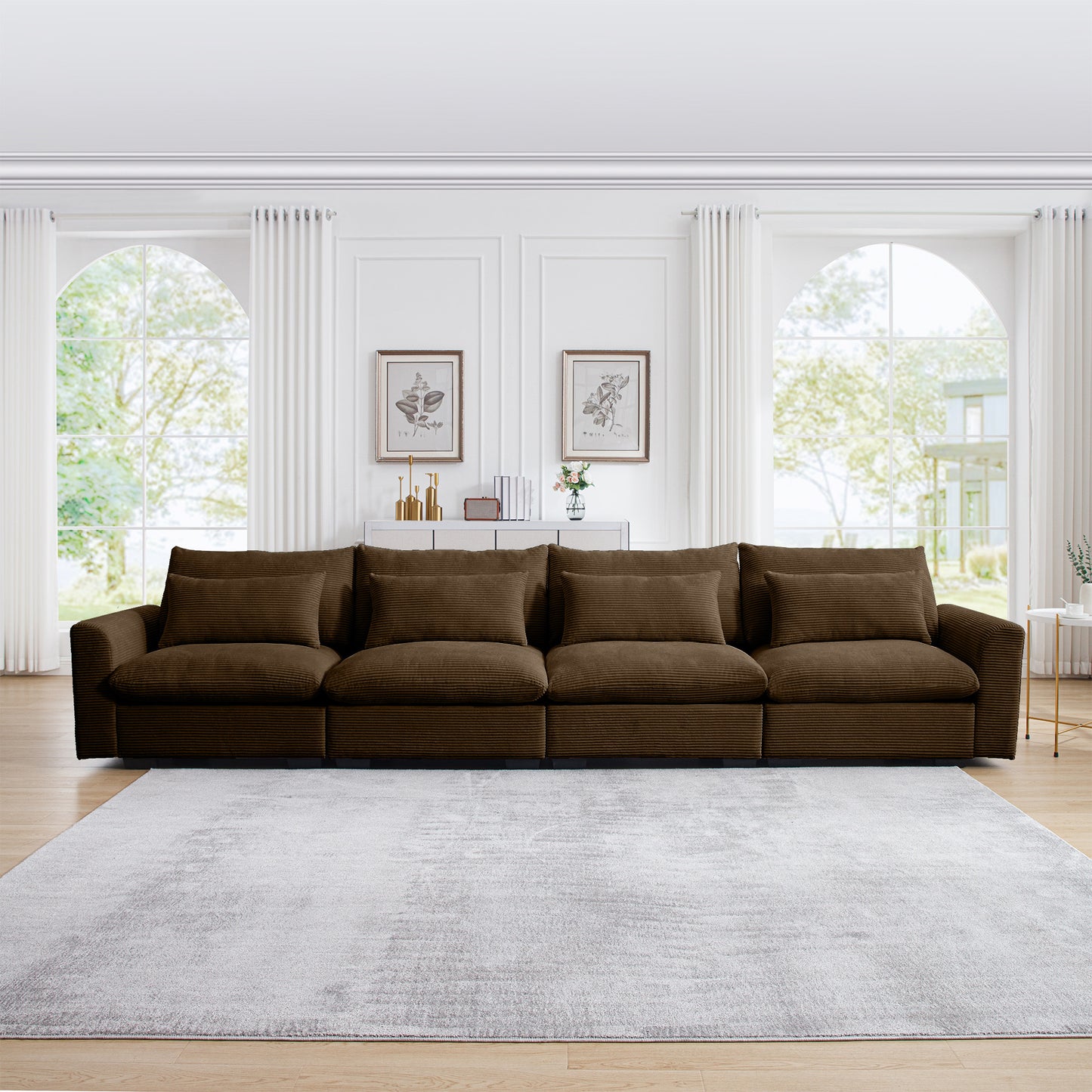 4 Seater Deep Seat Couches for Living Room, Comfy Brown Corduroy Sofas for Living Room Modern with 4 Waist Pillows