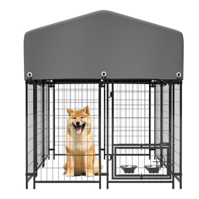 Dog Kennel Outdoor with Roof, 4.23'x5.82'x4.83' Welded Wire Enclosure, Heavy Duty Dog Crate with UV-Resistant Waterproof Cover, Double Lock & Rotating Feeder