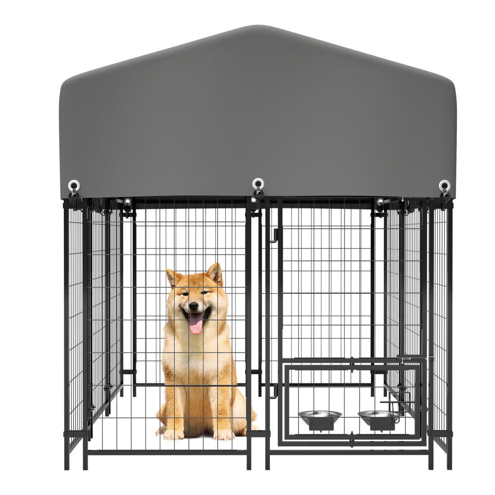 Dog Kennel Outdoor with Roof, 4.23'x7.81'x4.83' Welded Wire Enclosure, Heavy Duty Dog Crate with UV-Resistant Waterproof Cover, Double Lock & Rotating Feeder for Medium/Large Dogs