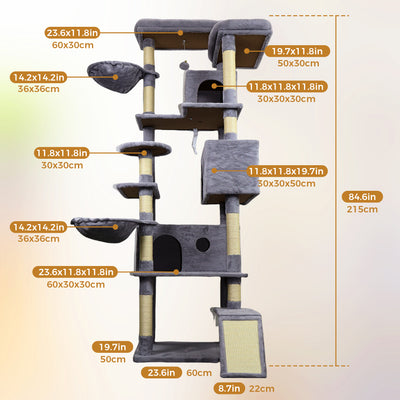 84.6 in Dark Gray Cat Tree Tower with Wide Base, 3 Large Hinding Condo,  11 Sisal Scratching Post, Sisal Scratching Ladder,  2 Hammocks, Large Top Platform,  Many landing Perch and Interactive toy