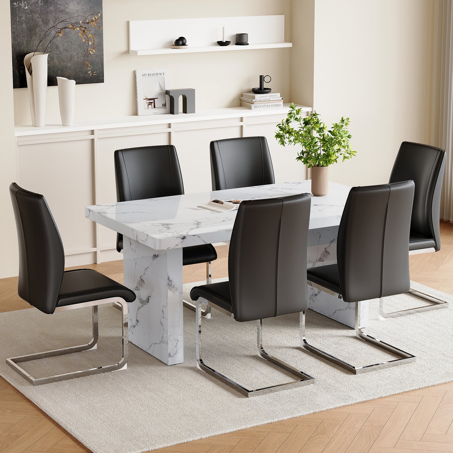 Table and chair set.63'*35.4' White Imitation Marble Pattern MDF Dining Table Set - 6 Soft and Comfortable Black PU Chair With Arched Metal Silver Leg.Create Your Exclusive Low-Key Luxury Space.