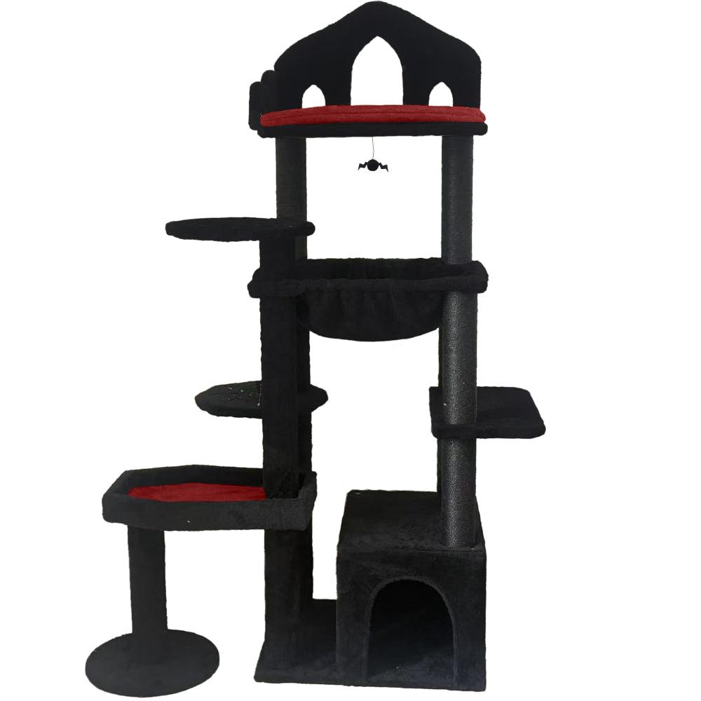 Black Gothic Cat Tree, Multi-Level Spooky Cat Tree with Scratching Posts, Perches, Hammock, and Cat Cave - Black Cat Tower for Indoor Cats with Interactive Toy, Perfect for Multiple Cats 58in