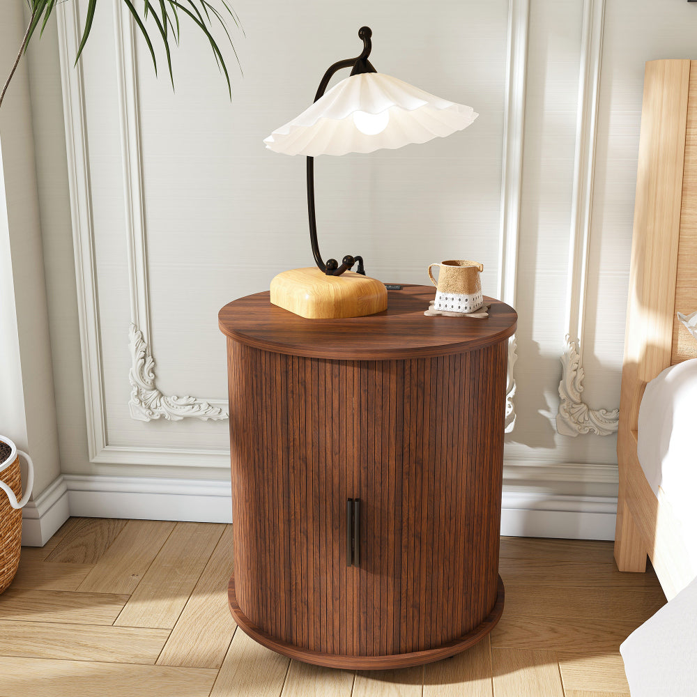 SunJet Mid Century Modern Cylinder End Table with Built-in Charging Station & Sliding Door, 2-Tier Storage Round Nightstand with USB Ports, Walnut Bedside Table for Living Room, Bedroom, Entryway