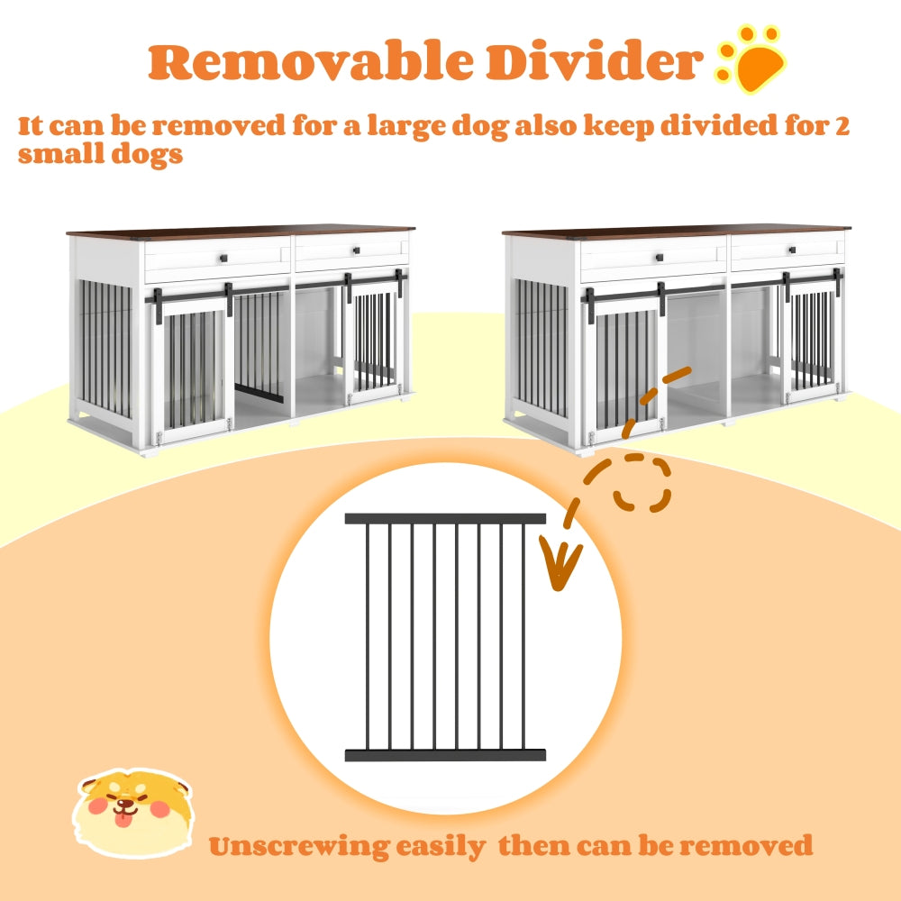 63'' Large Dog Crate Furniture for Double Dog, Wooden Dog Kennel with 2 Drawers,Divider and Sliding Door, Water Resistant Indoor Pets Furniture Style Double Dog Crates