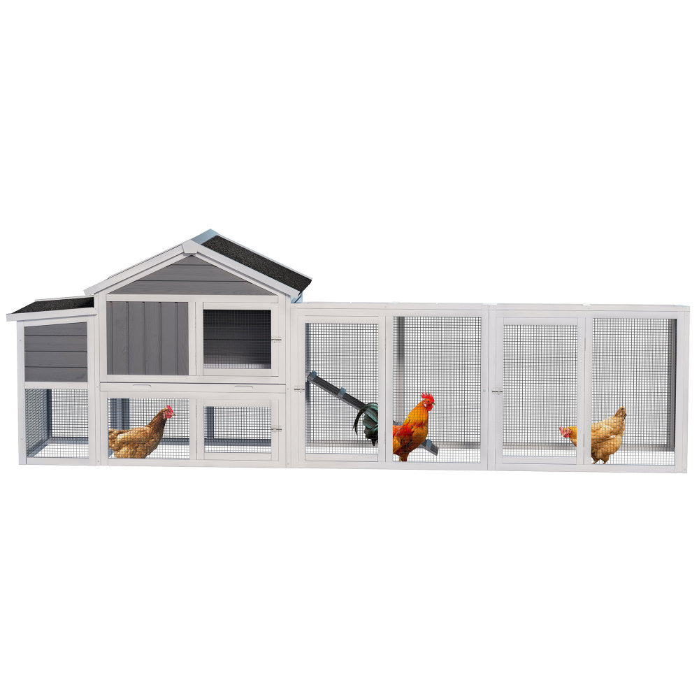 113.5" Gray Large Wooden Chicken Coop Outdoor Hen House with Run, Waterproof Anti-UV Panel & Nesting Box, Secure Lock, Removable Tray  for 2–4 Chickens or Small Animals