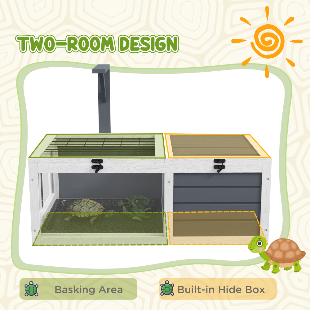 PawHut Tortoise Habitat, Wooden Tortoise House, Indoor Outdoor Tortoise Enclosure with Lamp Holder, Pull-out Waterproof Trays, Openable Lids, Gray