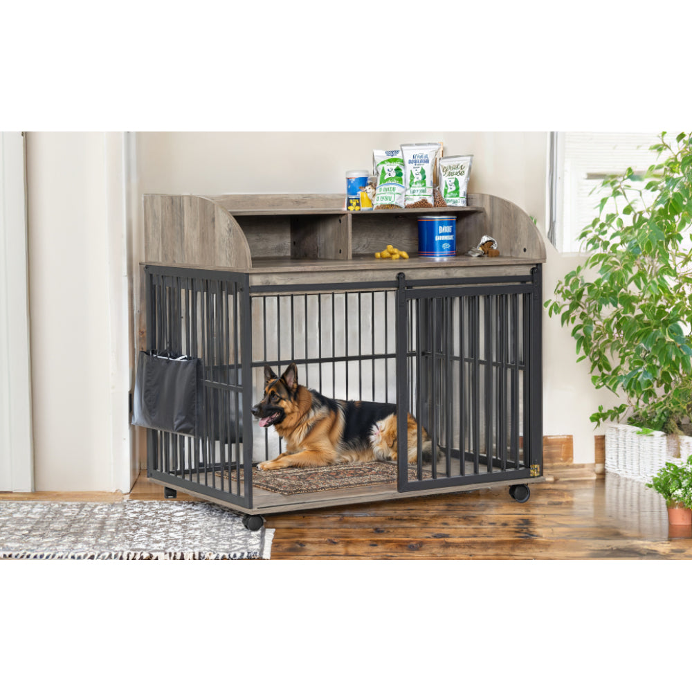 GO 44'' Heavy Duty Large Dog Crate Furniture for Large Medium Dog with Lockable Wheels, Wooden Dog Crate Dog Kennel, End Table Crate with Double layer storage, Gray