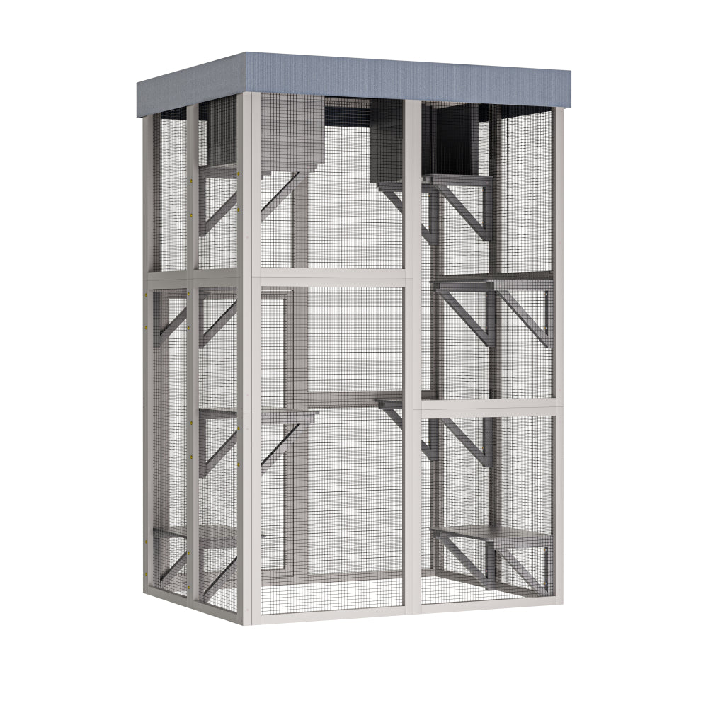 70.5＂ Tall Wooden Catio Outdoor Cat Enclosure, Gray Cat House Large Solid Wood Cage Playpen with 6 Jumping Platforms & 2 Napping Houses, Movable tarp cover