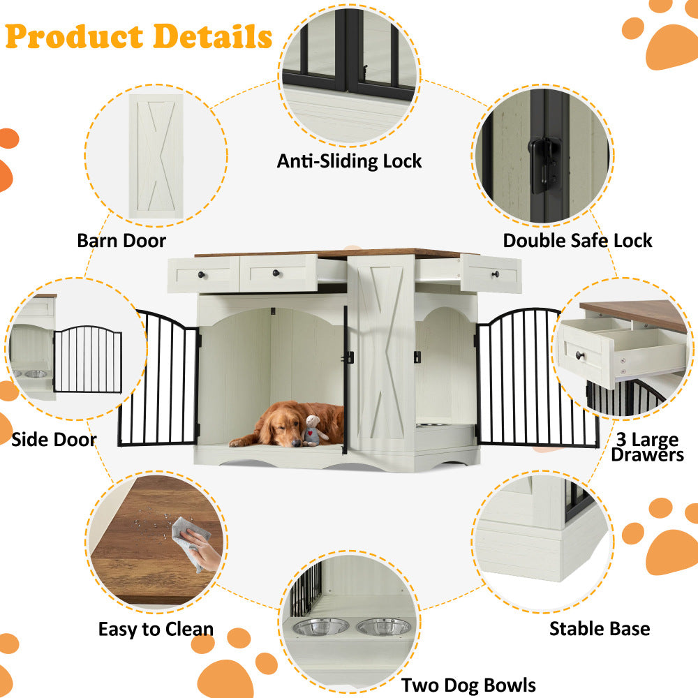 GO 43.3" Farmhouse Dog Crate Furniture, Heavy Duty Dog Crate with 3 Drawers, Indoor Wooden Dog Kennel with Removable Feeder, Dog Cage End Table for  Medium Large Dogs, Beige and Brown