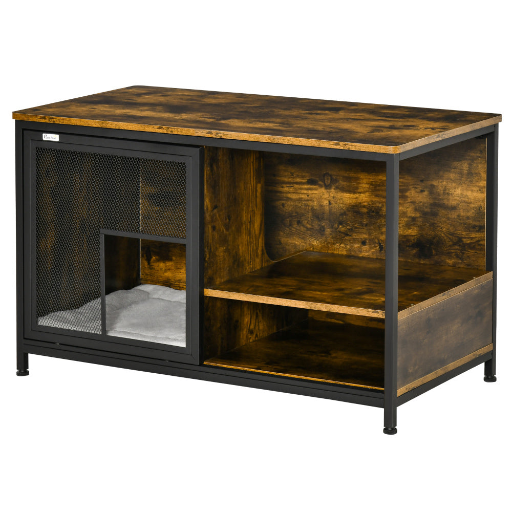 PawHut Cat Kennel, Furniture Style Dog Cage, Wood & Steel End Table Pet House with Cushion and Sliding Doors, Rustic Brown