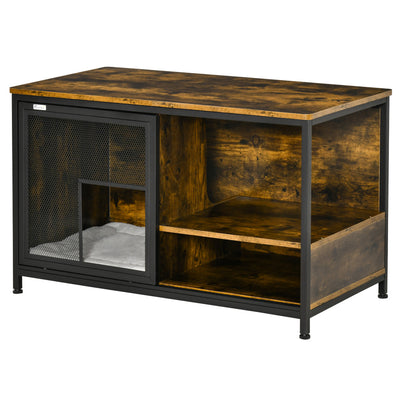 PawHut Cat Kennel, Furniture Style Dog Cage, Wood & Steel End Table Pet House with Cushion and Sliding Doors, Rustic Brown