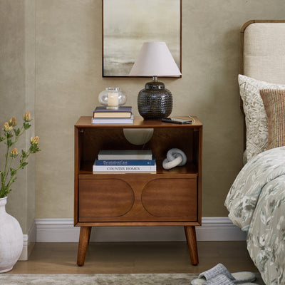 SunJet Mid Century Modern Fluted Nightstand with Charging Station USB Ports & Outlet Hole & 4 Solid Wood Legs, Farmhouse End Table with Open Space and Drawer Dresser, Walnut