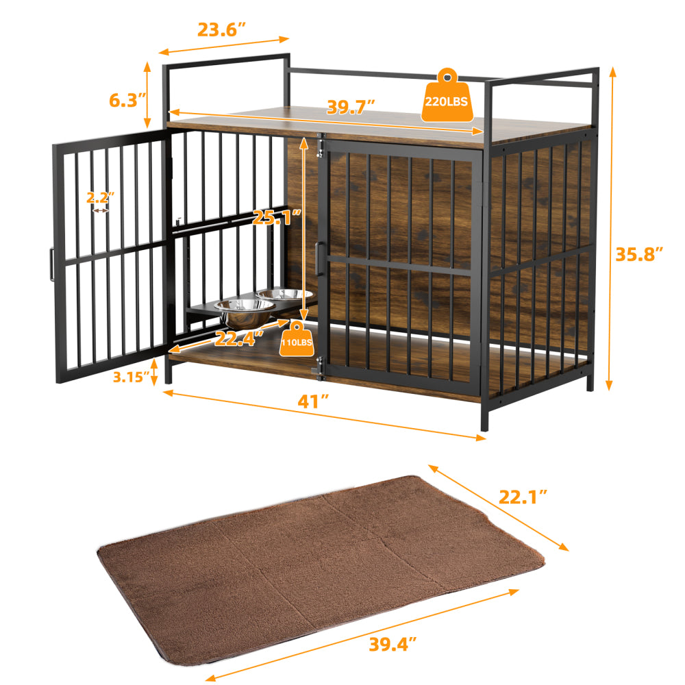 Dog Cage Furniture with Cushion, Dog Kennel Indoor with Rotating Feeder Bowls, Heavy Duty Indoor Puppy Cage Kennel for Medium to Large Dogs, 41" L X 23.6" W 35.8" H, Brown