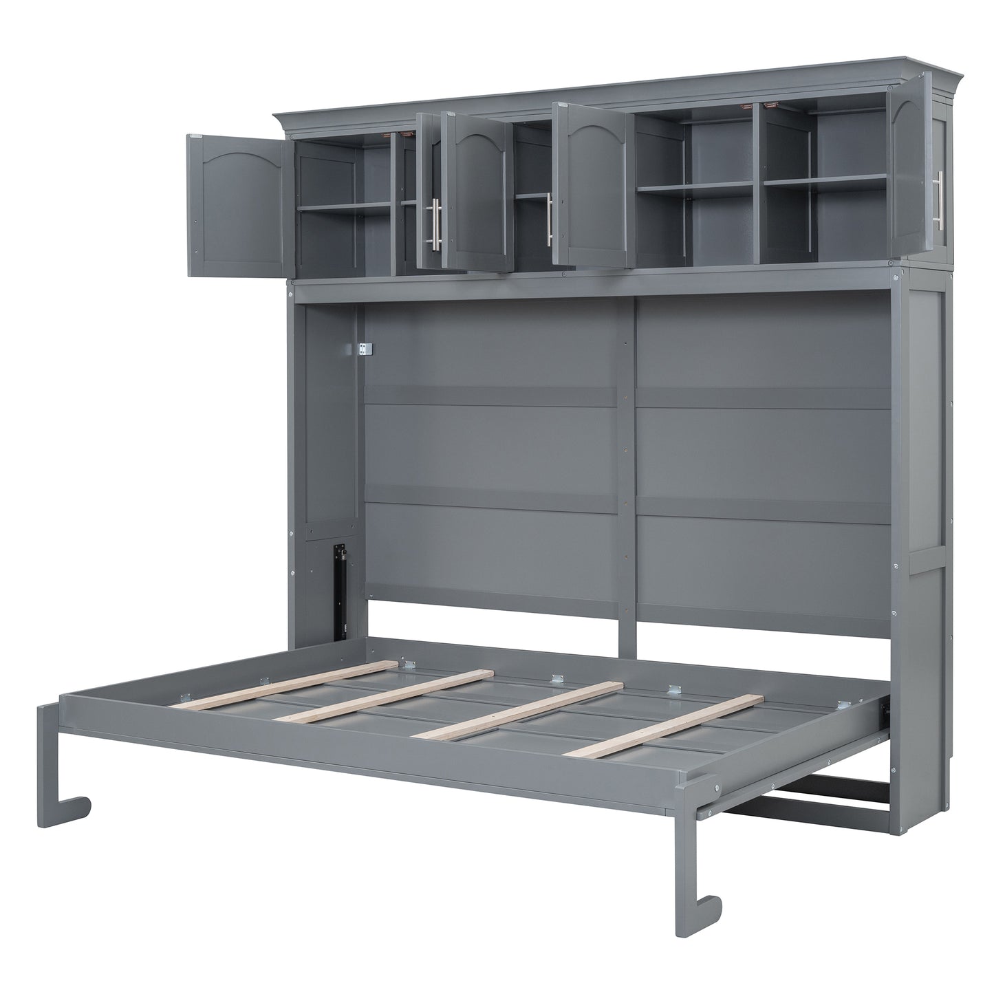 Modern Gray Queen Size Murphy Bed with Top Cabinets for Space Saving and Comfort