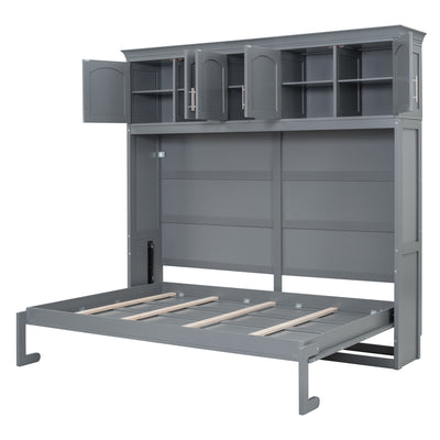 Modern Gray Queen Size Murphy Bed with Top Cabinets for Space Saving and Comfort