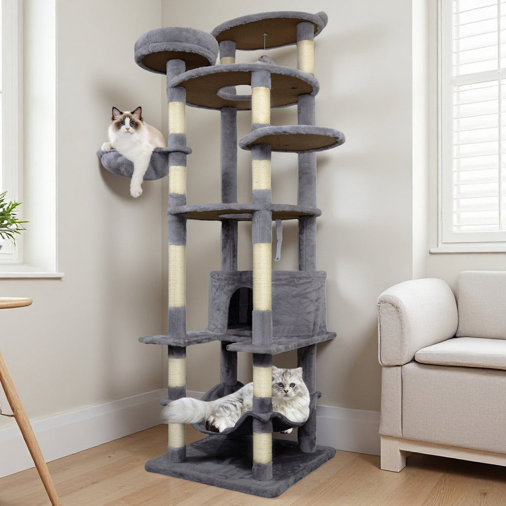 78.8 in Dark Gray Cat Tree Tower with Wide Base, Large Condo,  12 Sisal Scratching Post, Big Hammock,  Large Top Platform, Many landing Perch and Interactive toy