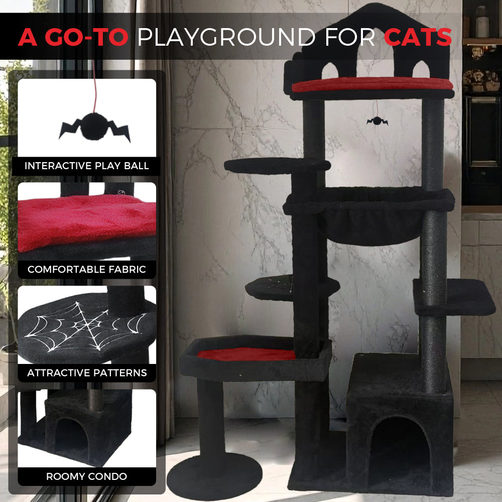 Black Gothic Cat Tree, Multi-Level Spooky Cat Tree with Scratching Posts, Perches, Hammock, and Cat Cave - Black Cat Tower for Indoor Cats with Interactive Toy, Perfect for Multiple Cats 58in
