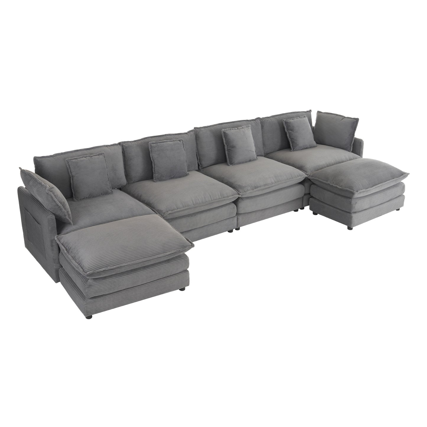 Modern L-Shape Sectional Sofa with Corduroy Upholstery and Side Storage Pockets, Dark Grey, 149.6'