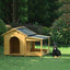 60.2" Large Wooden Dog House with Porch, Cabin Style Dog Crate with Asphalt Roof and Elevated Floor, Dog Kennel with Side Window and Doors, Perfect for Medium & Large Dogs, Nature