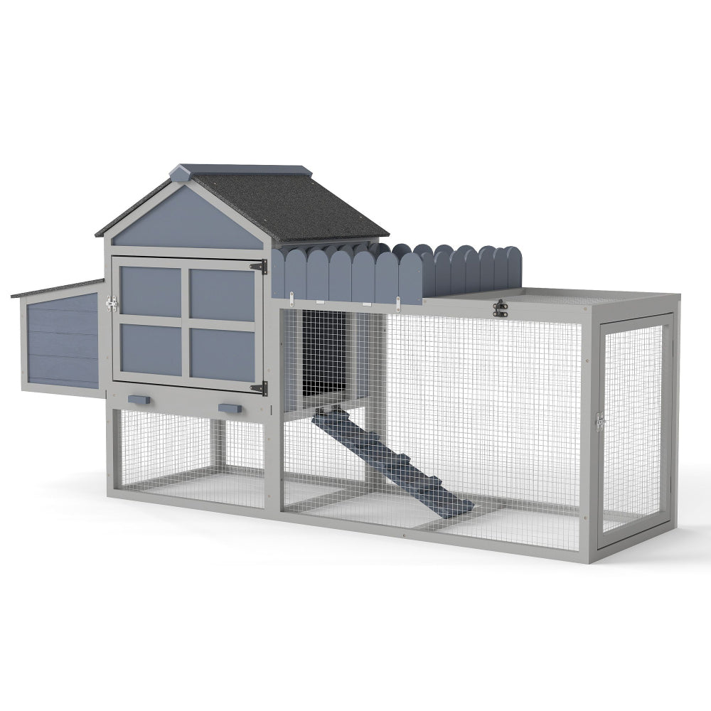 80" Wooden Chicken Coop, 2-Tier Backyard Hen House with Nesting Box, Run, Planter & PVC Roof, Easy-Clean Tray, Weatherproof Poultry Cage,Backyard Patio Poultry Habitat, Gray