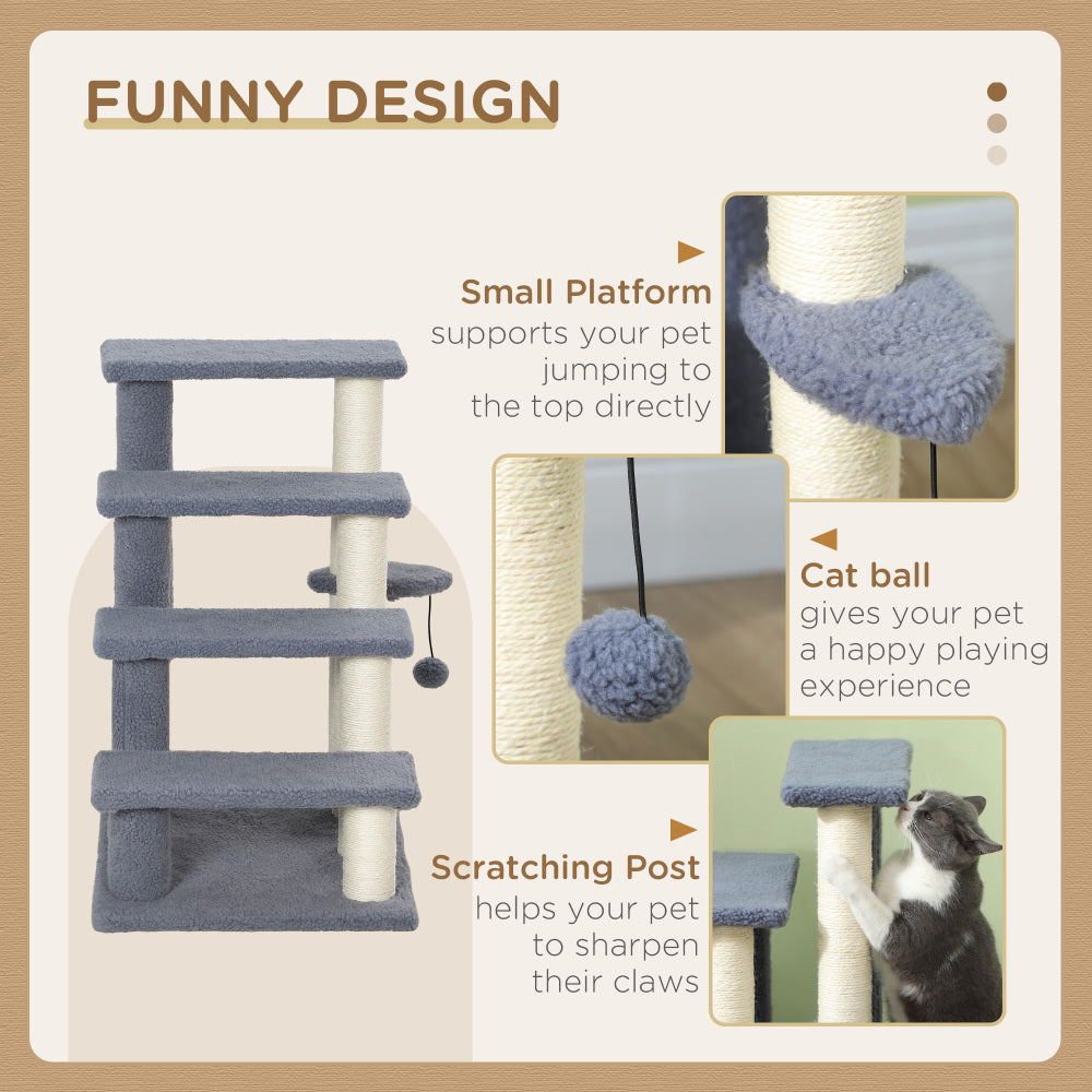PawHut 4 Levels Cat Steps, Pet Stairs Carpeted Ladder, Kitten Tree Climber with Scratching Posts, Hanging Play Ball, Side Step, for High Bed, Sofa, Gray