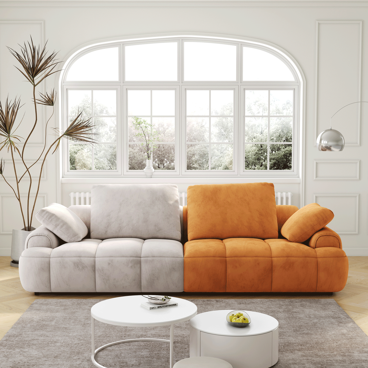 86.6¡å Large size two Seat Sofa,Modern Upholstered,Gray paired with yellow suede fabric Increase in sitting height
