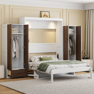Full Size Murphy Bed Wall Bed with Closet ,Drawers and Table,White