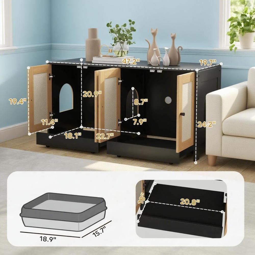 Cat Litter Box Enclosure w/ 2 Cabinets for 2 Cats or Kittens