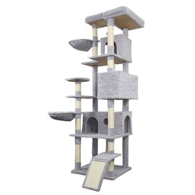 84.6 in Light Gray Cat Tree Tower with Wide Base, 3 Large Hinding Condo,  11 Sisal Scratching Post, Sisal Scratching Ladder,  2 Hammocks, Large Top Platform,  Many landing Perch and Interactive toy