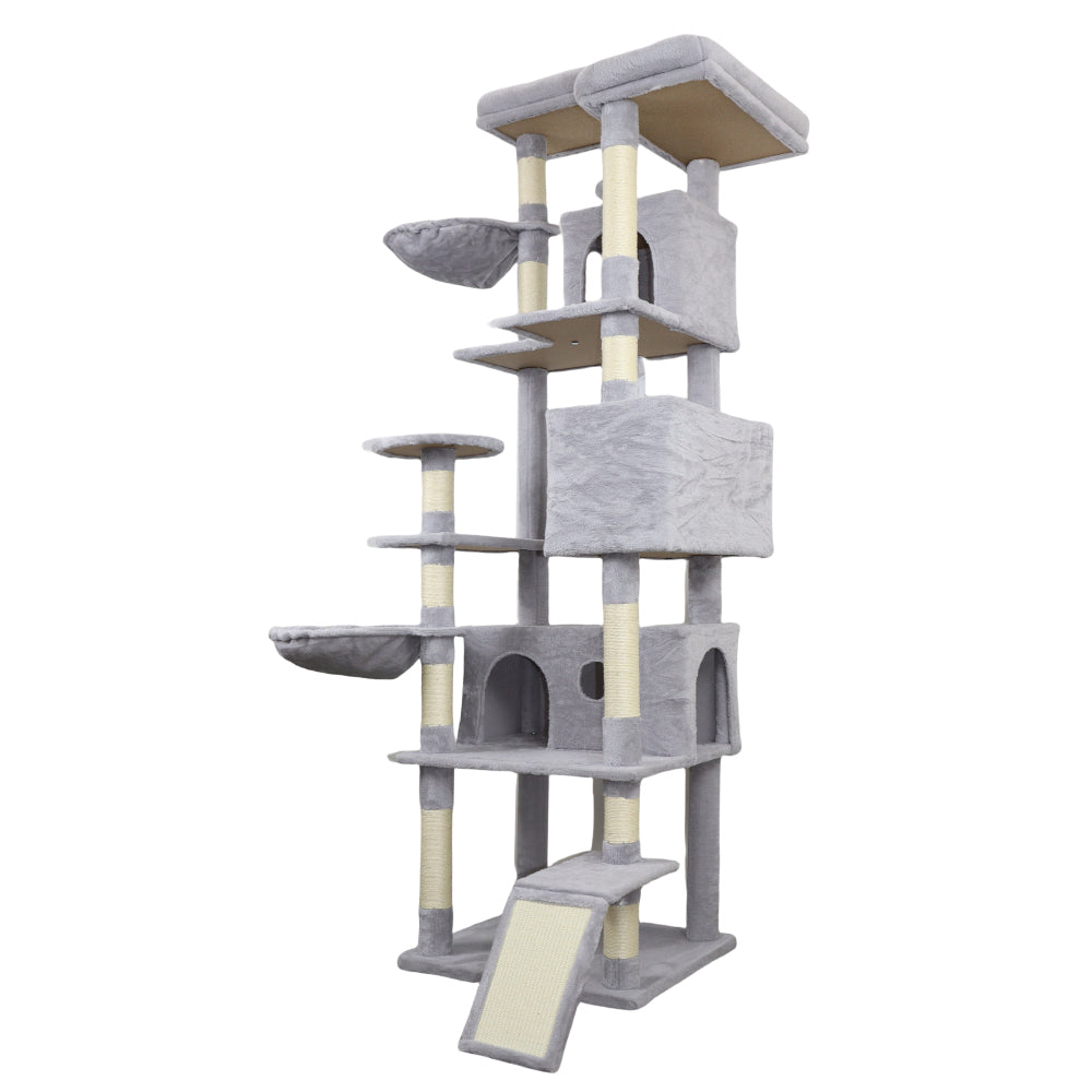 78.8 in Light Gray Cat Tree Tower with Wide Base, Large Condo,  12 Sisal Scratching Post, Big Hammock,  Large Top Platform, Many landing Perch and Interactive toy