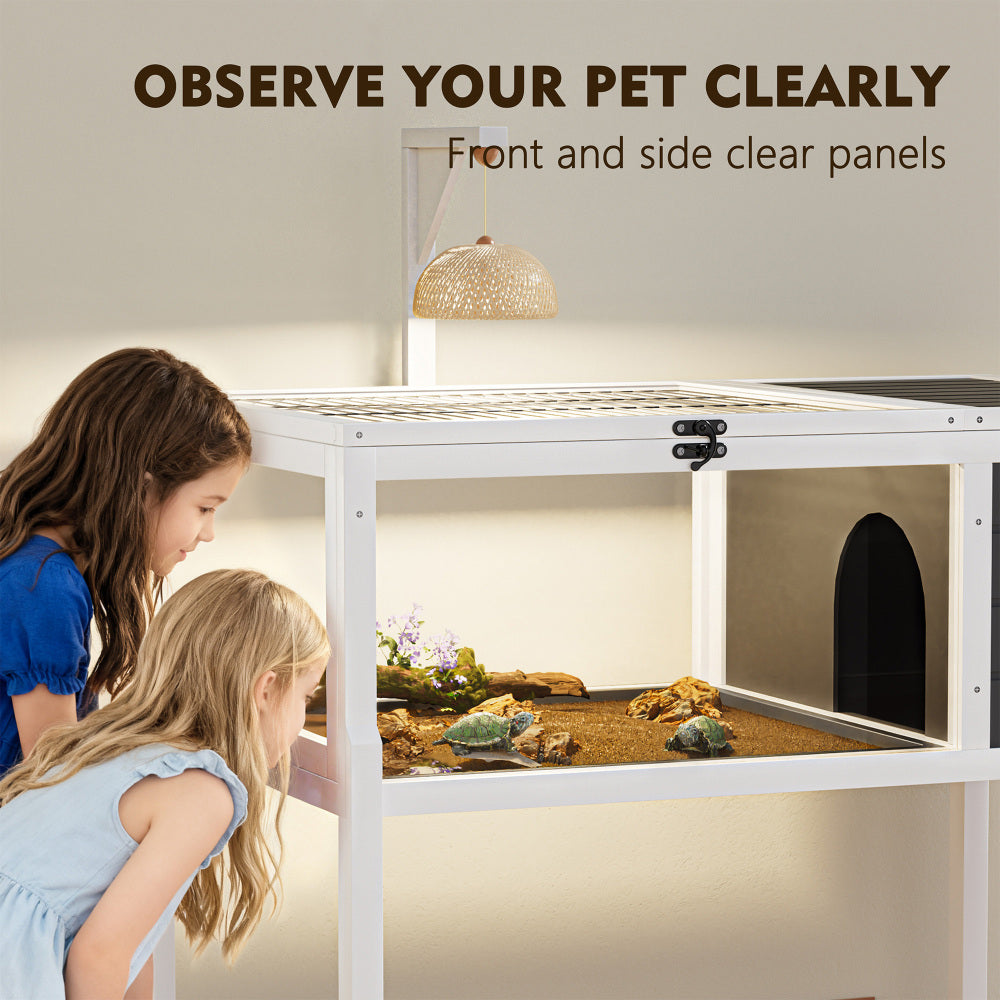 Reptile Habitat Tortoise House with Lamp Holder, Large Observation Window, Waterproof Tray, Detachable Legs, Easy to Clean Wooden Enclosure for Turtles, Lizards, Geckos, and Small Pets Indoor Outdoor