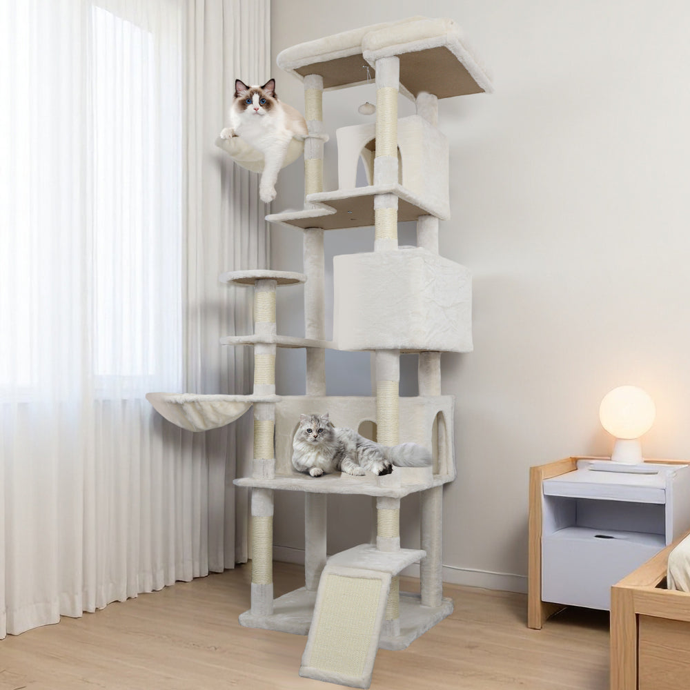 84.6 in Light Gray Cat Tree Tower with Wide Base, 3 Large Hinding Condo,  11 Sisal Scratching Post, Sisal Scratching Ladder,  2 Hammocks, Large Top Platform,  Many landing Perch and Interactive toy