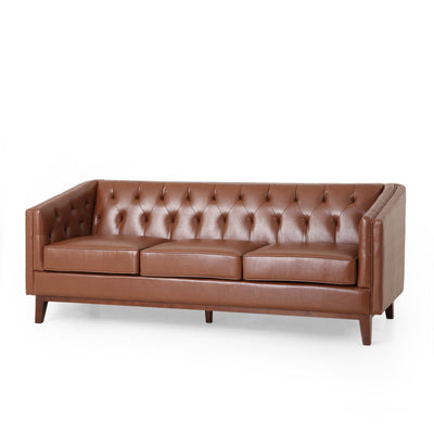 Mirod 81'' PU Sofa with Tufted Back and Solid Wood Legs in Light Brown