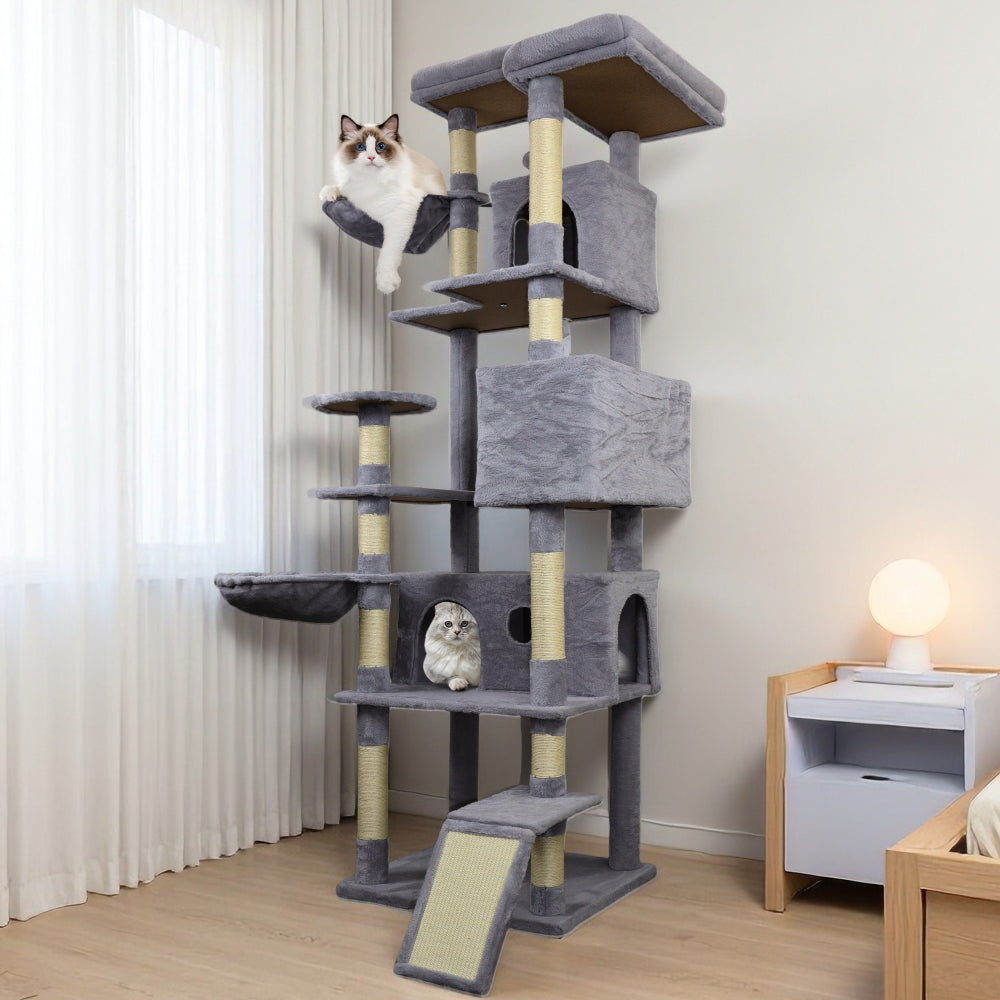 84 in Beige cat tree tower with large condo sisal scratching post big hammock and top platform
