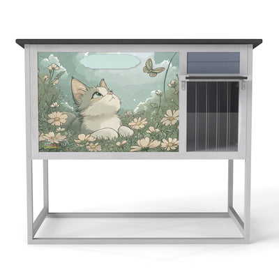 Weatherproof Outdoor Cat House, Elevated Feral Cat Shelter with High Legs, Curtained Door, Escape Door, Openable Top, Gray with Patterned Panel