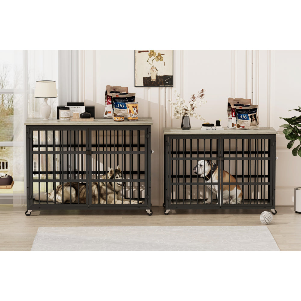 Furniture style dog crate wrought iron frame door with side openings, Grey, 43.3''W x 29.9''D x 33.5''H.
