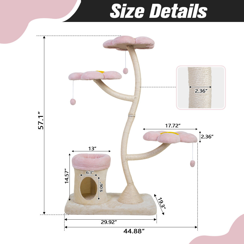 Flower-Shaped Cat Tree, with Blooming Platforms Bed, Condo, and Dangling Toys, Multi-Level Cat Tower for Indoor Cats, Modern, Pink & Beige